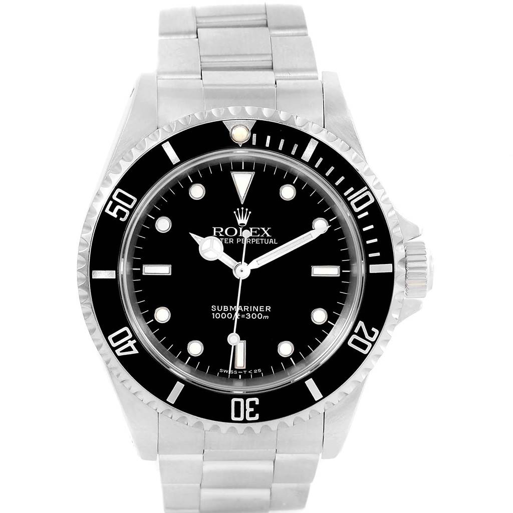 The image shows a front view of the Rolex Submariner 14060 Men's Stainless Steel Black Dial 14060 Men's Stainless Steel Black Dial watch, featuring the dial, bezel, and bracelet.