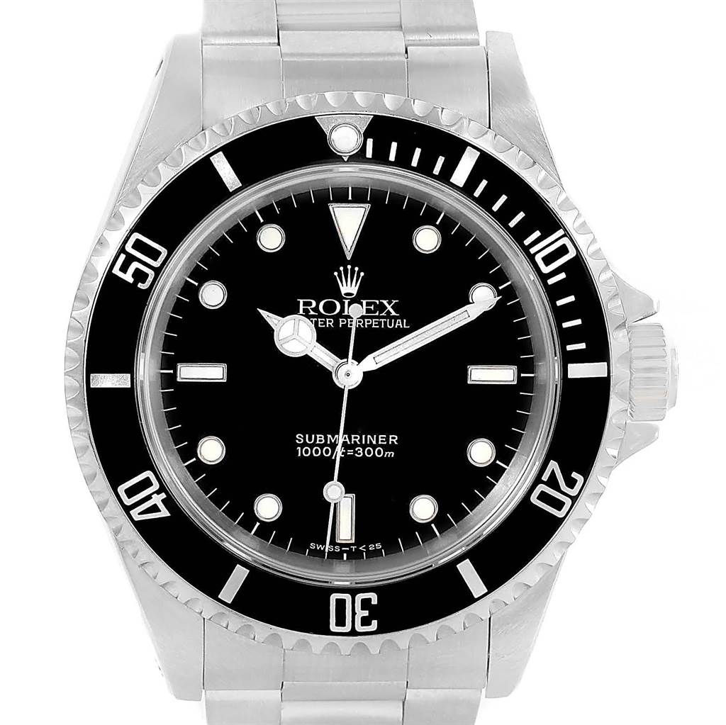 The image shows the front view of a Rolex Submariner 14060 Men's Stainless Steel Black Dial 14060 Men's Stainless Steel Black Dial watch, displaying its bezel, dial, and bracelet.