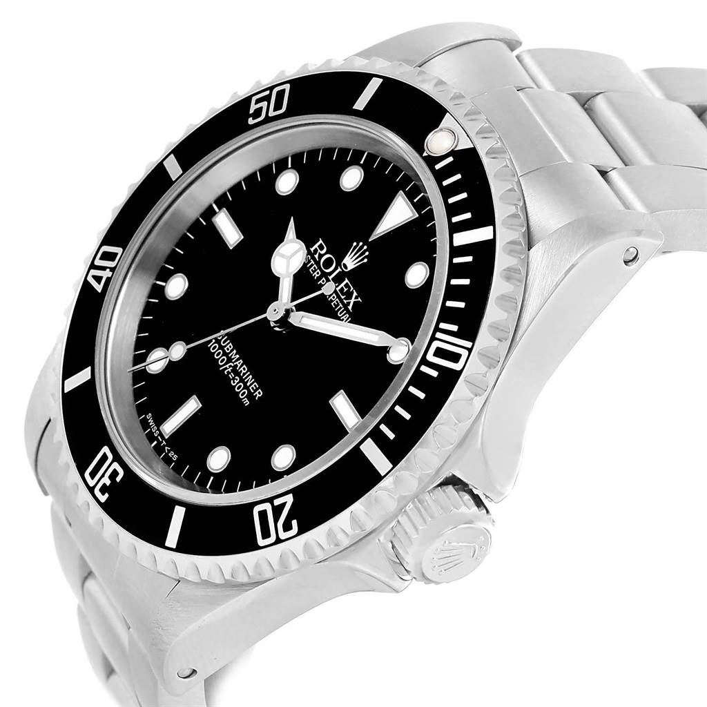 This image shows a side profile and partial front view of a Rolex Submariner 14060 Men's Stainless Steel Black Dial 14060 Men's Stainless Steel Black Dial watch, highlighting its bezel, dial, and bracelet.