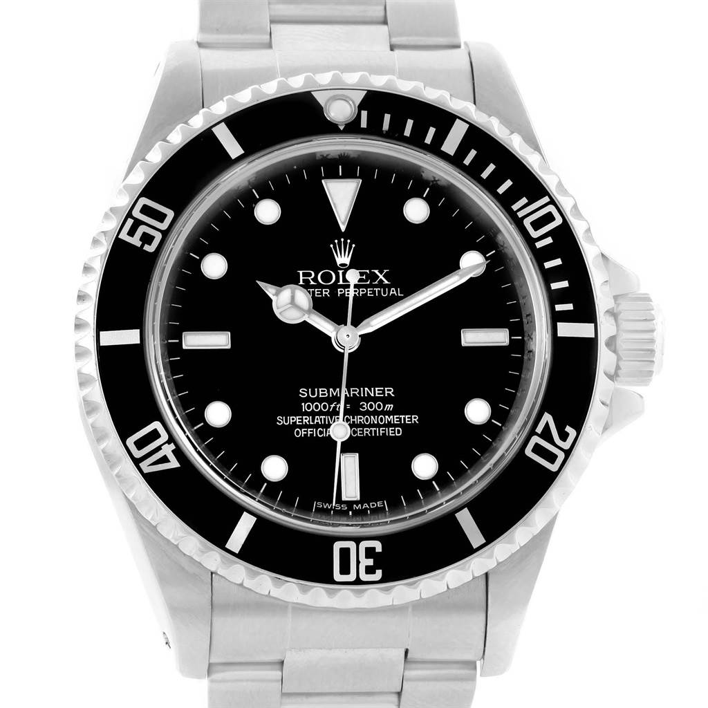This image shows a front view of the Rolex Submariner 14060 Men's Stainless Steel Black Dial 14060 Men's Stainless Steel Black Dial watch, highlighting its face, bezel, and part of the bracelet.