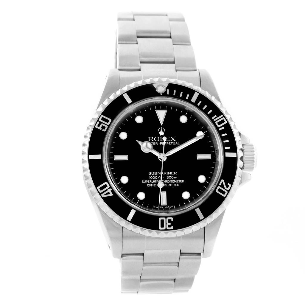 The image shows a front view of a Rolex Submariner 14060 Men's Stainless Steel Black Dial 14060 Men's Stainless Steel Black Dial watch, including its bezel, dial, and bracelet.