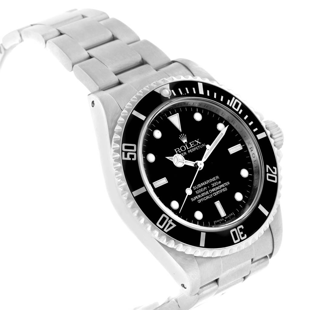 The image shows a Rolex Submariner 14060 Men's Stainless Steel Black Dial 14060 Men's Stainless Steel Black Dial watch from an angled perspective, displaying the case, bezel, bracelet, and dial.