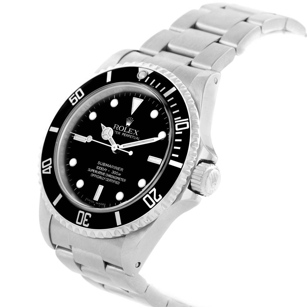 The image displays a side and front angle of a Rolex Submariner 14060 Men's Stainless Steel Black Dial 14060 Men's Stainless Steel Black Dial watch, showing its face, bezel, crown, and bracelet.