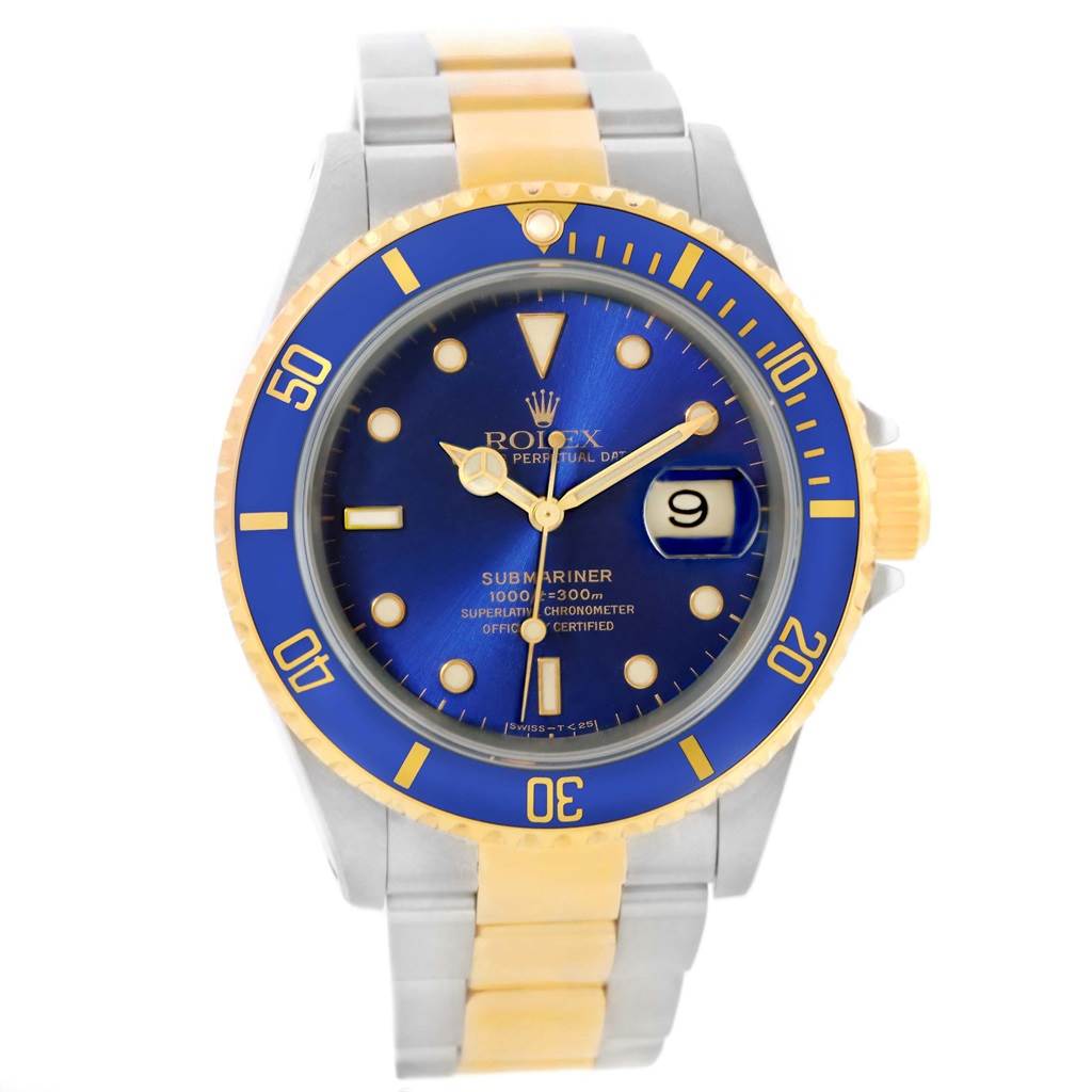 The image shows a front view of a Rolex Submariner 16613 Men's Steel and Gold (two tone) Blue Dial 16613 Men's Steel and Gold (two tone) Blue Dial watch with a blue and gold dial and two-tone bracelet.