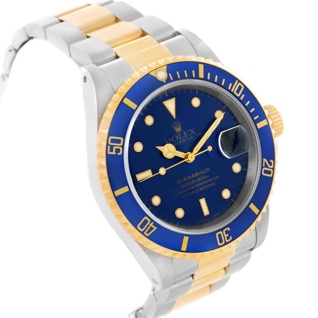 This image shows a Rolex Submariner 16613 Men's Steel and Gold (two tone) Blue Dial 16613 Men's Steel and Gold (two tone) Blue Dial watch from a front-side angle, highlighting its face, bezel, and bracelet.