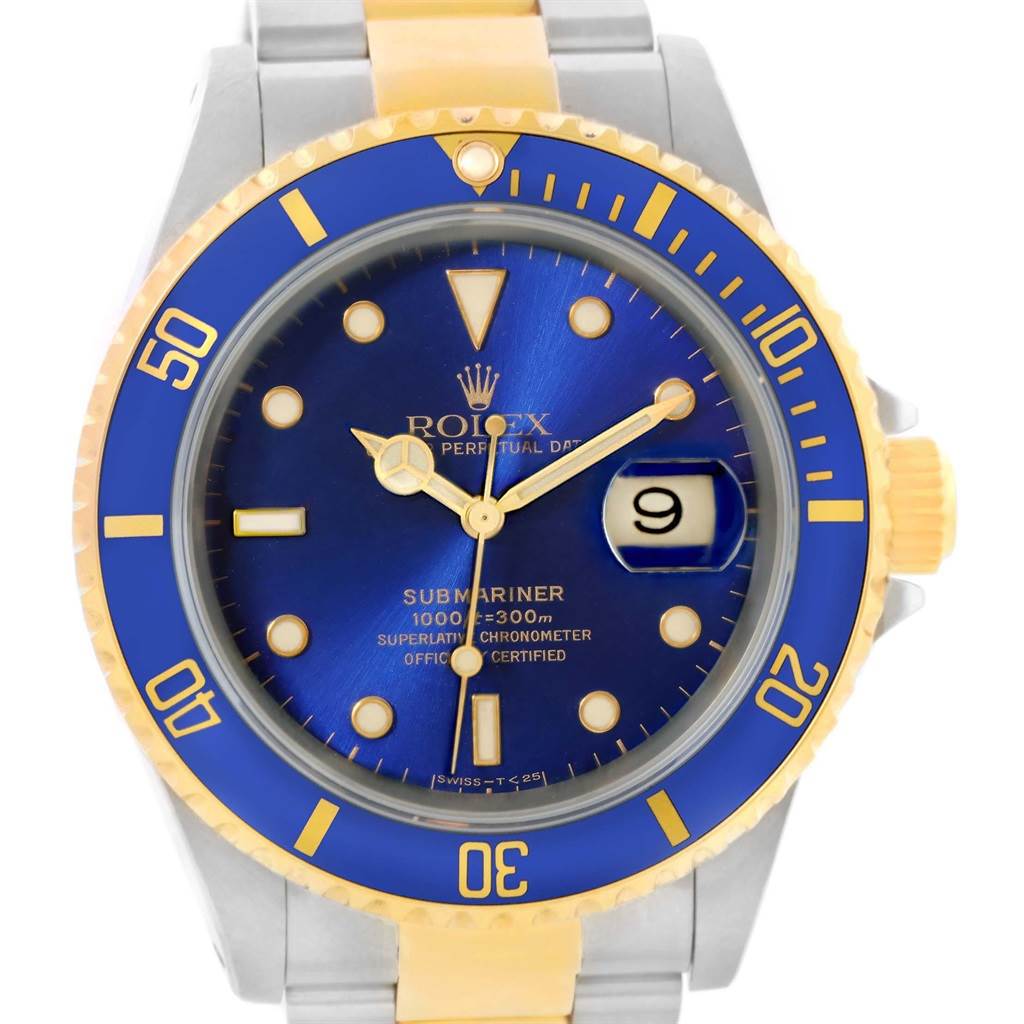 The image shows the front view of a Rolex Submariner 16613 Men's Steel and Gold (two tone) Blue Dial 16613 Men's Steel and Gold (two tone) Blue Dial watch, highlighting the blue dial, gold hands, date window, and bezel.
