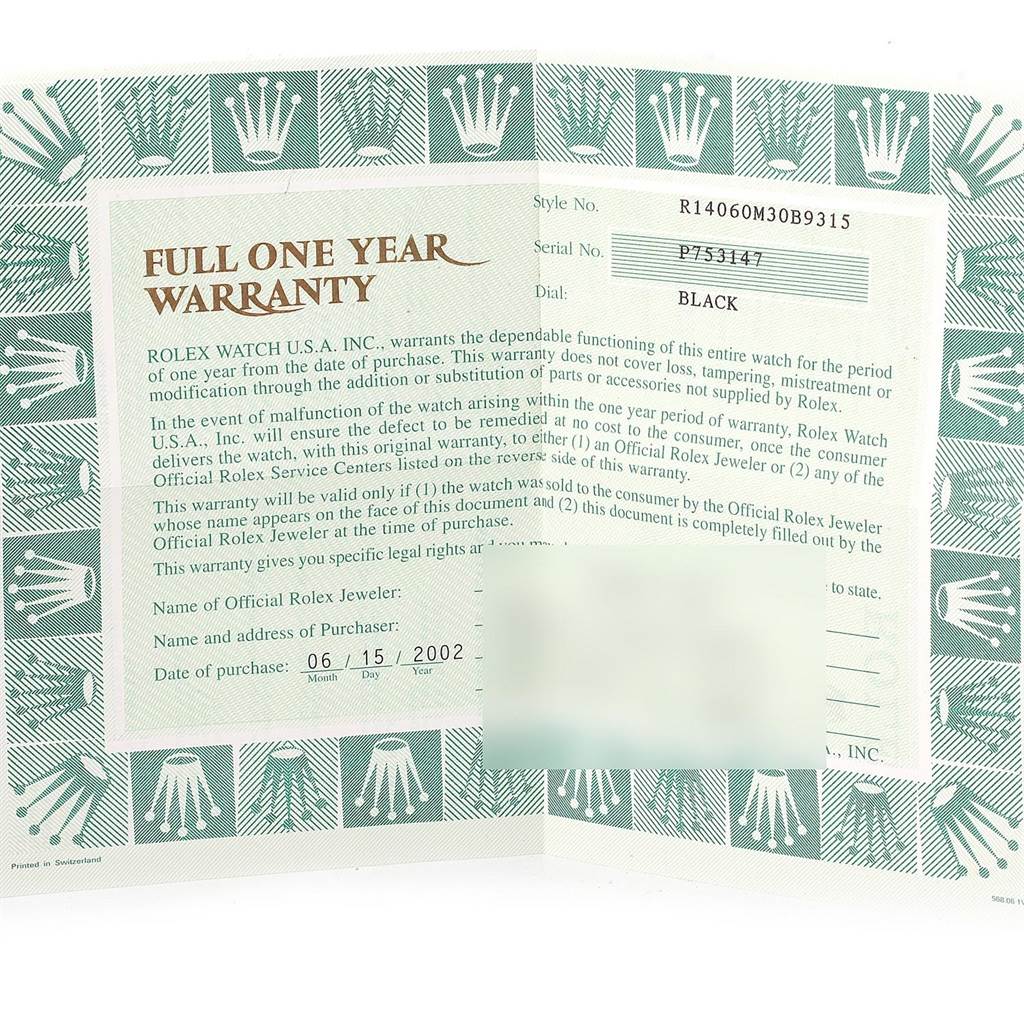 The image shows a warranty card for a Rolex Submariner 14060 Men's Stainless Steel Black Dial 14060 Men's Stainless Steel Black Dial watch, with visible model number, serial number, and purchase date.