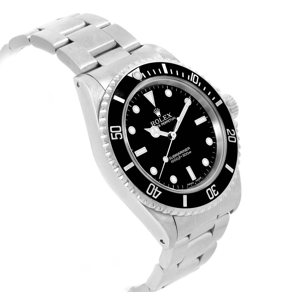 The image shows a Rolex Submariner 14060 Men's Stainless Steel Black Dial 14060 Men's Stainless Steel Black Dial watch angled to display the face, bezel, crown, and part of the bracelet.