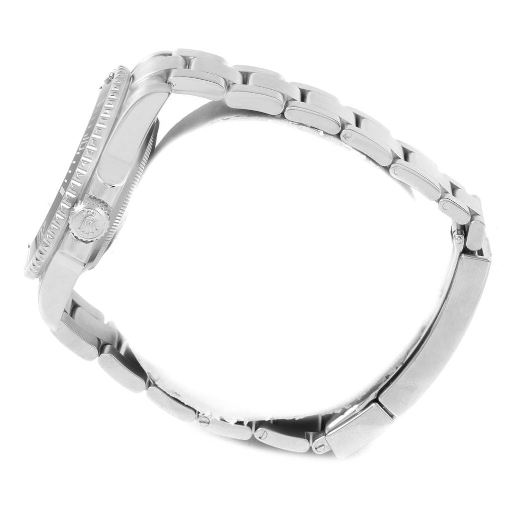 The image shows a side profile of the Rolex Submariner 114060 Men's Stainless Steel Black Dial 114060 Men's Stainless Steel Black Dial watch, focusing on its stainless steel bracelet and crown.