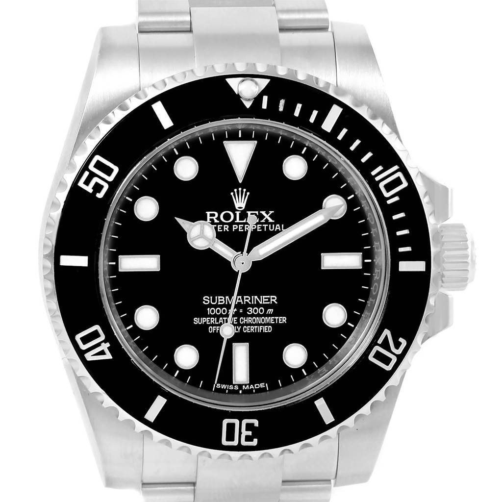 The image shows a frontal view of a Rolex Submariner 114060 Men's Stainless Steel Black Dial 114060 Men's Stainless Steel Black Dial watch, highlighting its bezel, dial, and bracelet.