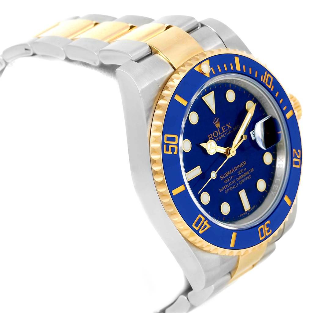 The image shows a side-angle view of a Rolex Submariner 116613 Men's Steel and Gold (two tone) Blue Dial 116613 Men's Steel and Gold (two tone) Blue Dial watch, highlighting its blue dial and bezel, and two-tone metal bracelet.