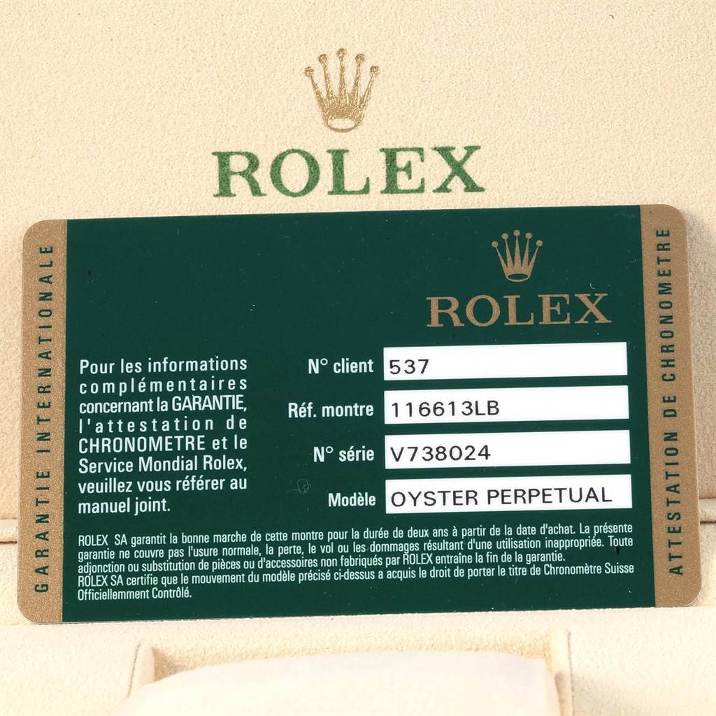 The image shows a warranty card for a Rolex Submariner 116613 Men's Steel and Gold (two tone) Blue Dial 116613 Men's Steel and Gold (two tone) Blue Dial, model Oyster Perpetual, with reference number 116613LB.
