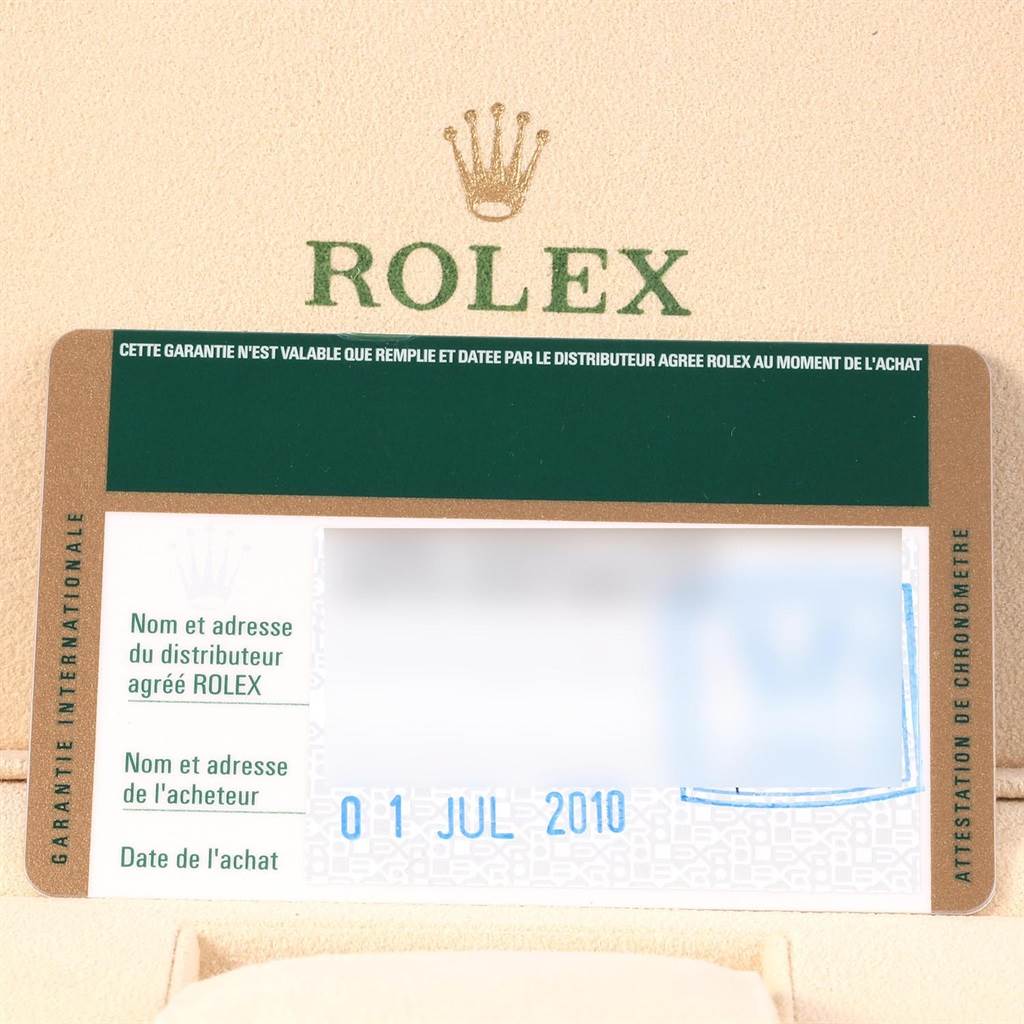 The image shows the warranty card of a Rolex Submariner 116613 Men's Steel and Gold (two tone) Blue Dial 116613 Men's Steel and Gold (two tone) Blue Dial watch, displaying purchase details and branded packaging.