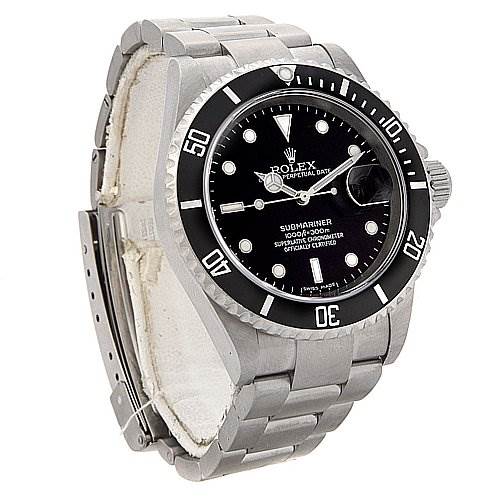 The image shows a Rolex Submariner 16610 Men's Stainless Steel Black Dial 16610 Men's Stainless Steel Black Dial watch at a three-quarter angle, highlighting its face, bezel, and metal bracelet.