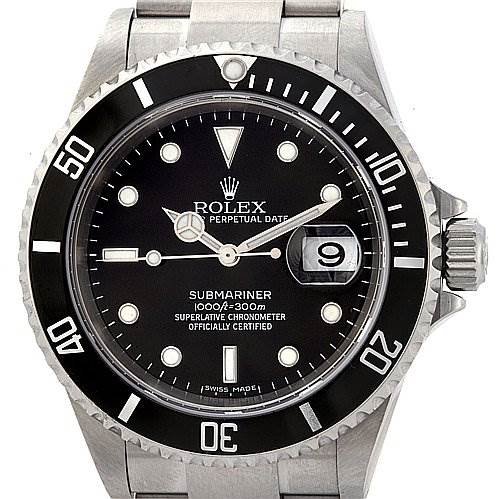 This is a frontal view of a Rolex Submariner 16610 Men's Stainless Steel Black Dial 16610 Men's Stainless Steel Black Dial watch showcasing the dial, bezel, crown, and bracelet.