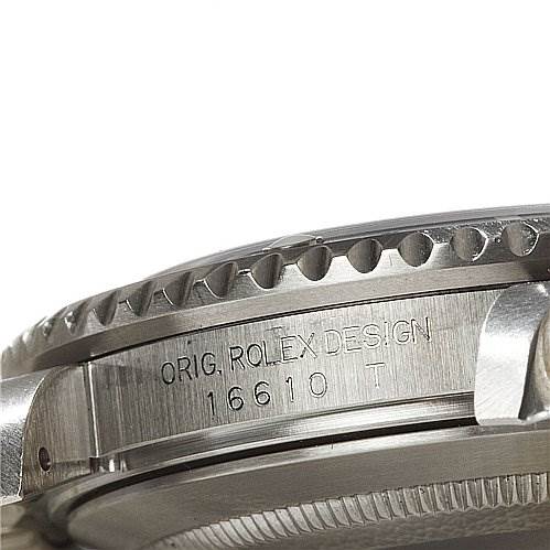 This image shows a close-up of the side profile of a Rolex Submariner 16610 Men's Stainless Steel Black Dial 16610 Men's Stainless Steel Black Dial watch, highlighting the engraved model number "16610."