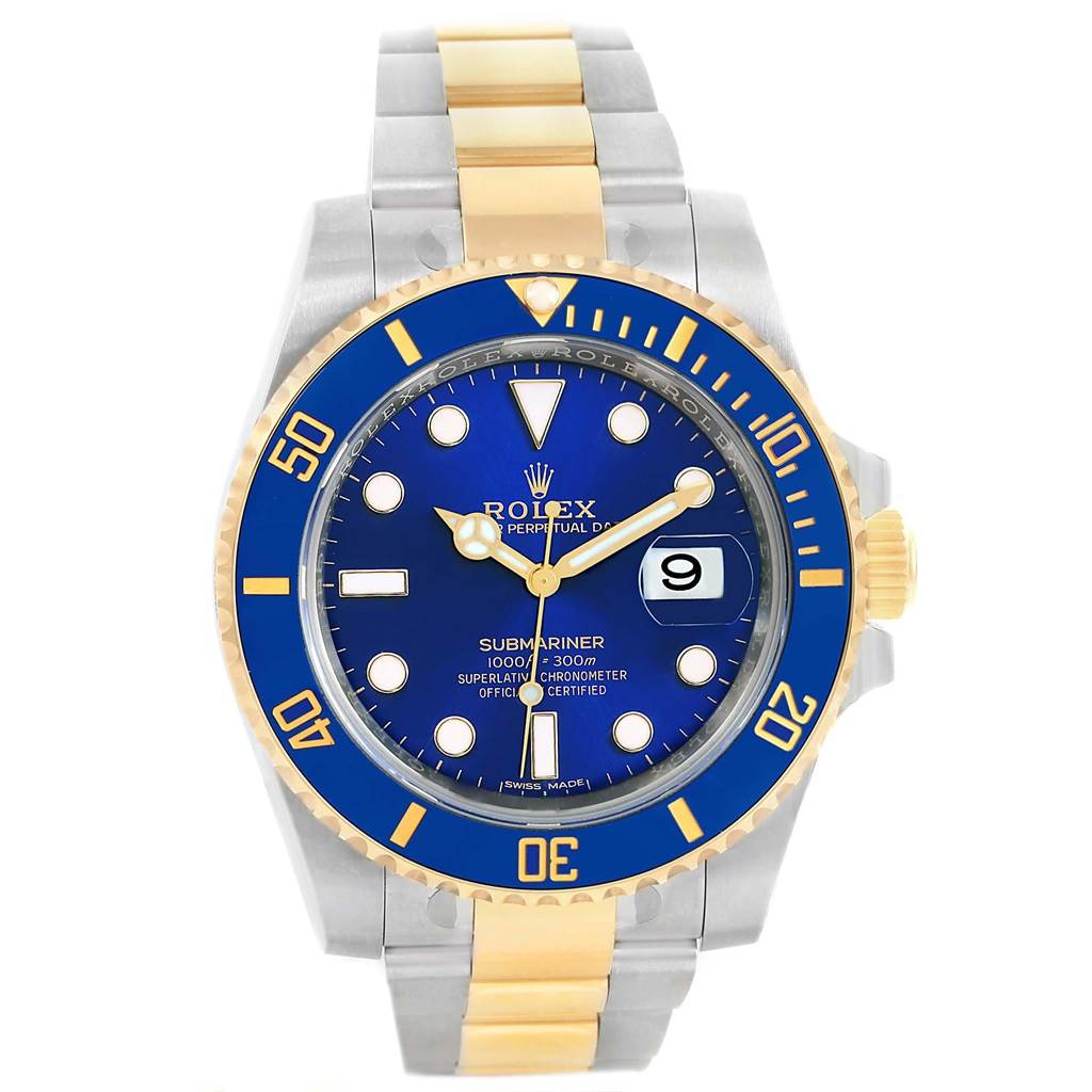 This Rolex Submariner 116613 Men's Steel and Gold (two tone) Blue Dial 116613 Men's Steel and Gold (two tone) Blue Dial watch is displayed from a front angle, showing the dial, bezel, and bracelet.