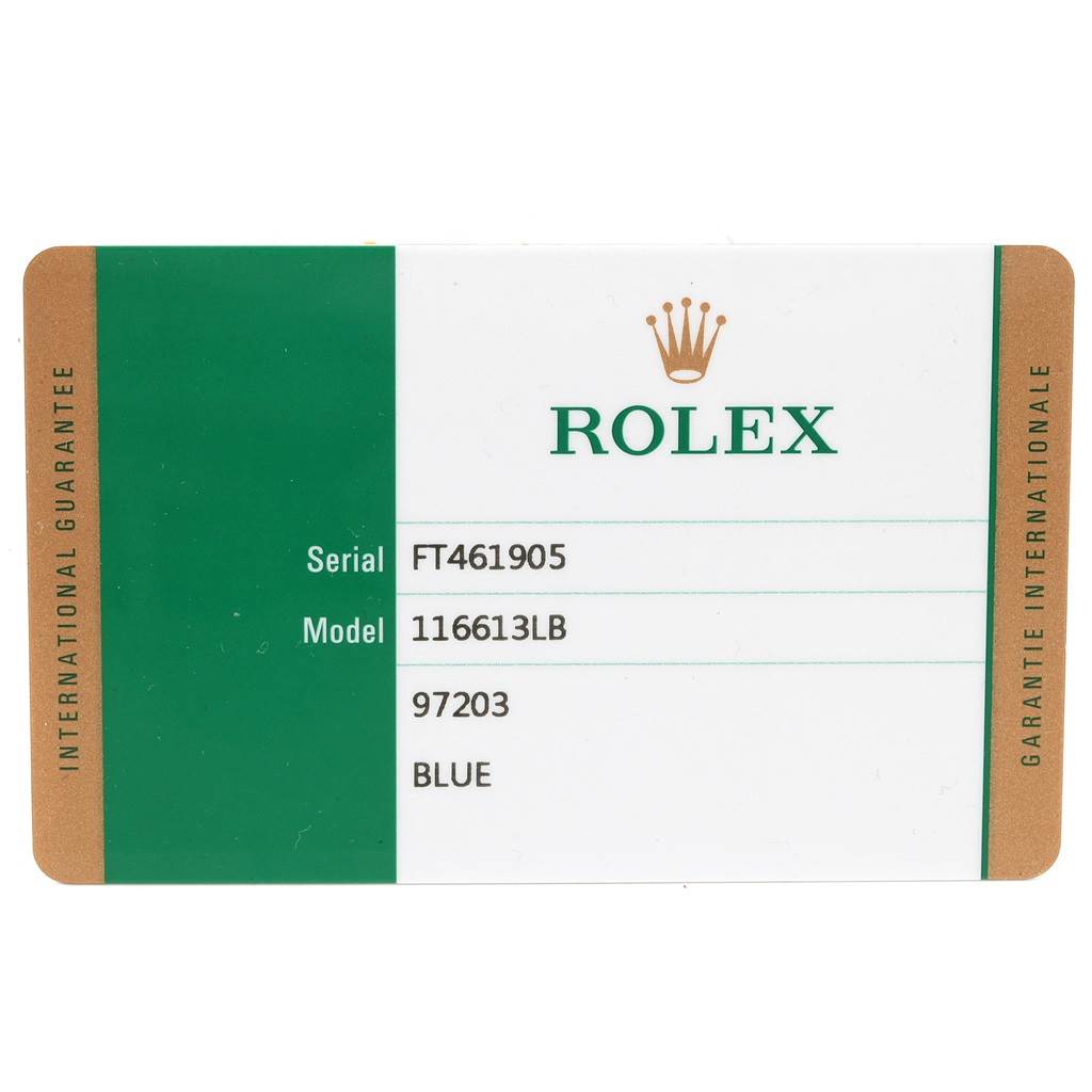 The image shows a warranty card for the Rolex Submariner 116613 Men's Steel and Gold (two tone) Blue Dial 116613 Men's Steel and Gold (two tone) Blue Dial model 116613LB, displaying serial and model numbers.