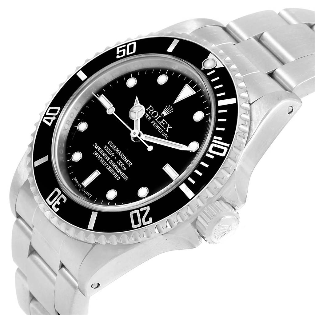 This image shows a side view of a Rolex Submariner 14060 Men's Stainless Steel Black Dial 14060 Men's Stainless Steel Black Dial watch, highlighting the bezel, dial, crown, and part of the bracelet.
