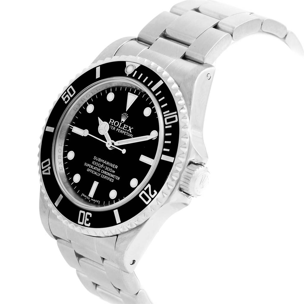 The image shows a Rolex Submariner 14060 Men's Stainless Steel Black Dial 14060 Men's Stainless Steel Black Dial watch at an angle highlighting its face, bezel, and steel bracelet.