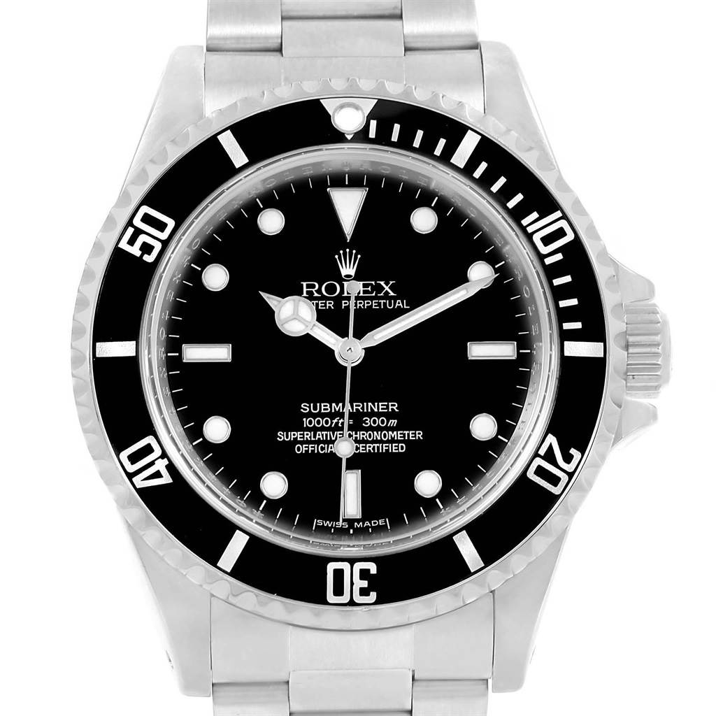 The Rolex Submariner 14060 Men's Stainless Steel Black Dial 14060 Men's Stainless Steel Black Dial watch is shown from a front angle, featuring the dial, bezel, and part of the bracelet.