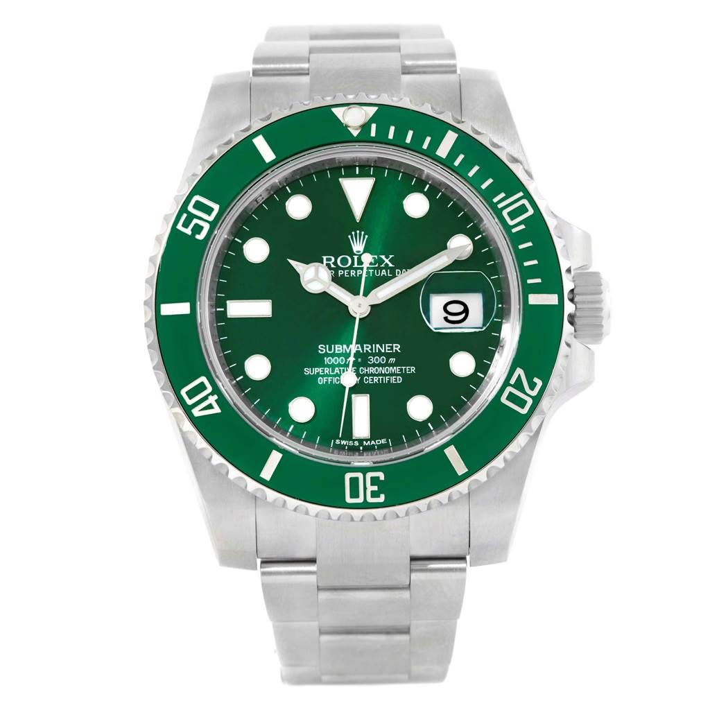 This image shows a front angle of a Rolex Submariner 116610LV Men's Stainless Steel Green Dial 116610LV Men's Stainless Steel Green Dial watch with a green bezel, green dial, and stainless steel bracelet.