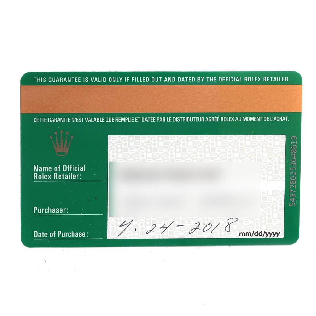 This image shows a filled-out warranty card for the Rolex Submariner 116610LV Men's Stainless Steel Green Dial 116610LV Men's Stainless Steel Green Dial watch, featuring details like the purchase date.
