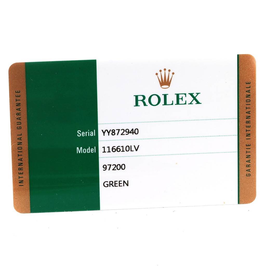 The image shows an International Guarantee card for a Rolex Submariner 116610LV Men's Stainless Steel Green Dial 116610LV Men's Stainless Steel Green Dial model 116610LV.