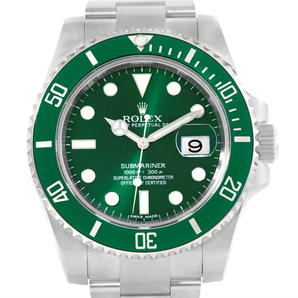 This is a front view of the Rolex Submariner 116610LV Men's Stainless Steel Green Dial 116610LV Men's Stainless Steel Green Dial watch, showing the green dial, bezel, and date function.