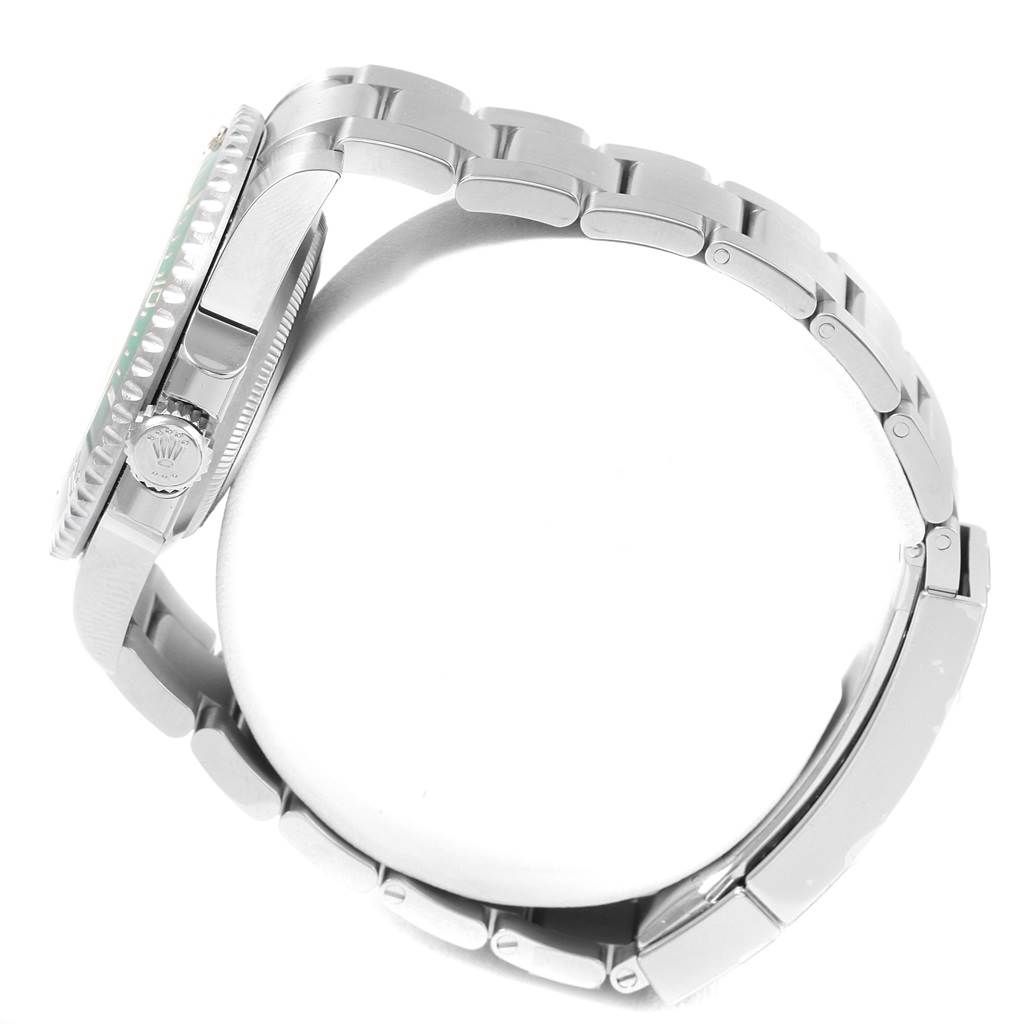 The image shows a side view of the Rolex Submariner 116610LV Men's Stainless Steel Green Dial 116610LV Men's Stainless Steel Green Dial watch, displaying its stainless steel bracelet, crown, and case.