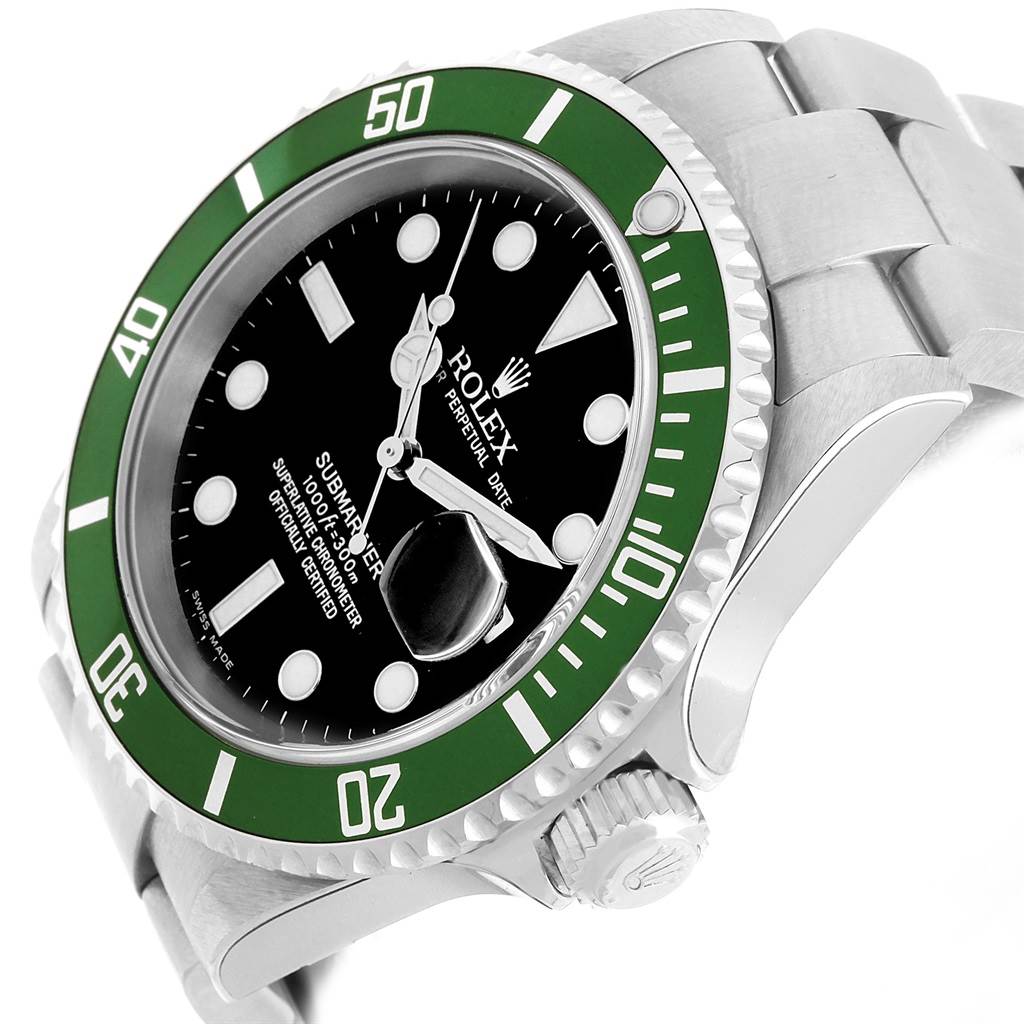 The Rolex Submariner 16610LV Men's Stainless Steel Black Dial 16610LV Men's Stainless Steel Black Dial model is shown at an angled close-up, highlighting the green bezel, black dial, and part of the bracelet.