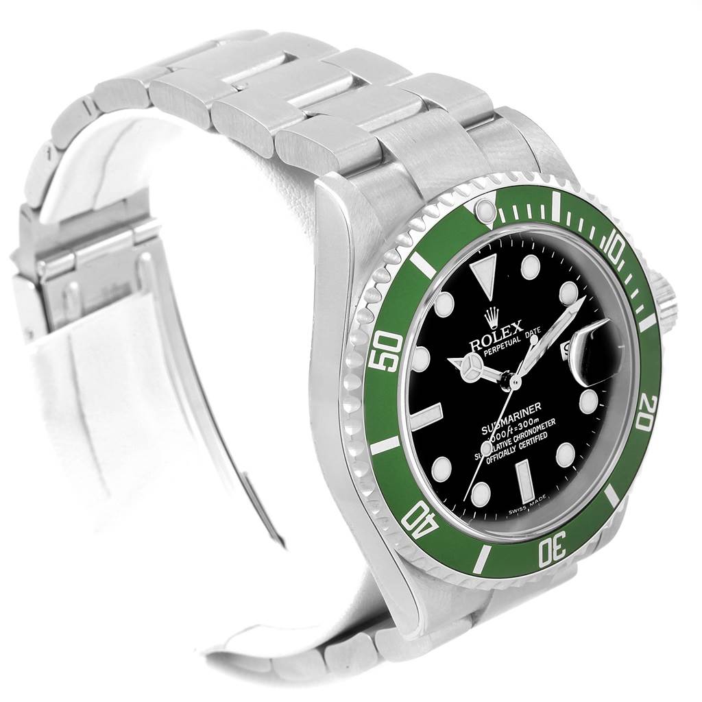 The Rolex Submariner 16610LV Men's Stainless Steel Black Dial 16610LV Men's Stainless Steel Black Dial watch is shown at a three-quarter angle, featuring its black dial, green bezel, and stainless steel bracelet.