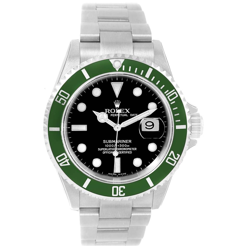 The Rolex Submariner 16610LV Men's Stainless Steel Black Dial 16610LV Men's Stainless Steel Black Dial watch is shown from a front angle, displaying its black dial, green bezel, and bracelet.