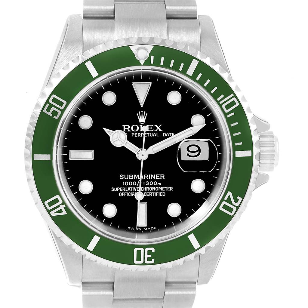 This image shows a front view of the Rolex Submariner 16610LV Men's Stainless Steel Black Dial 16610LV Men's Stainless Steel Black Dial, highlighting its bezel, dial, hands, and bracelet.