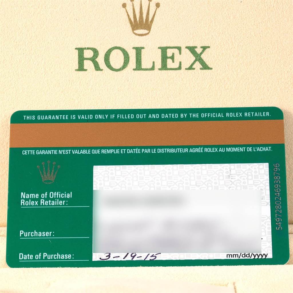 The image shows a warranty card for a Rolex Submariner 116613 Men's Steel and Gold (two tone) Black Dial 116613 Men's Steel and Gold (two tone) Black Dial watch, including the brand logo and purchase details.