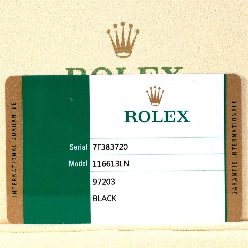 The image shows the warranty card for a Rolex Submariner 116613 Men's Steel and Gold (two tone) Black Dial 116613 Men's Steel and Gold (two tone) Black Dial model 116613LN with serial number 7F383720.
