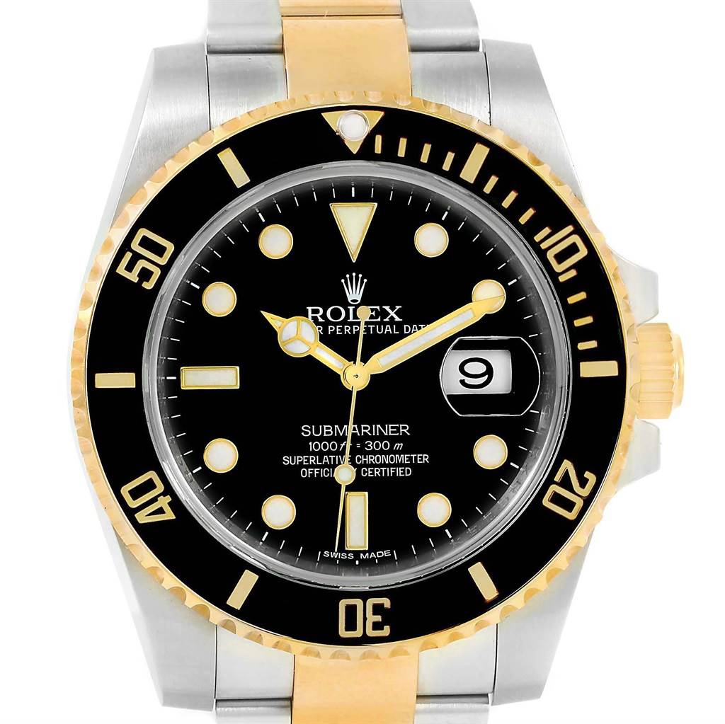 The image shows the front view of a Rolex Submariner 116613 Men's Steel and Gold (two tone) Black Dial 116613 Men's Steel and Gold (two tone) Black Dial, highlighting its dial, bezel, and part of the two-tone bracelet.
