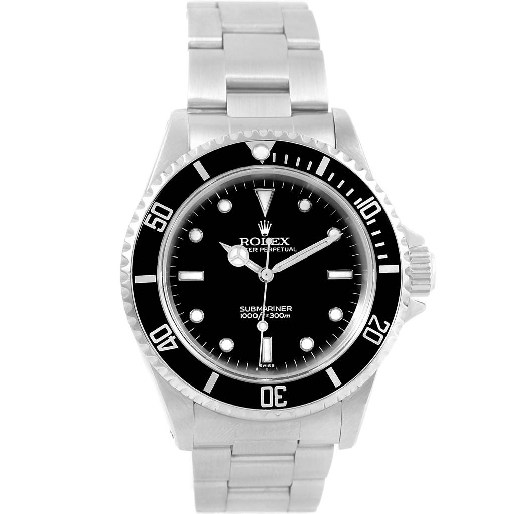 This image shows a front view of the Rolex Submariner 14060 Men's Stainless Steel Black Dial 14060 Men's Stainless Steel Black Dial, featuring its dial, bezel, and bracelet.