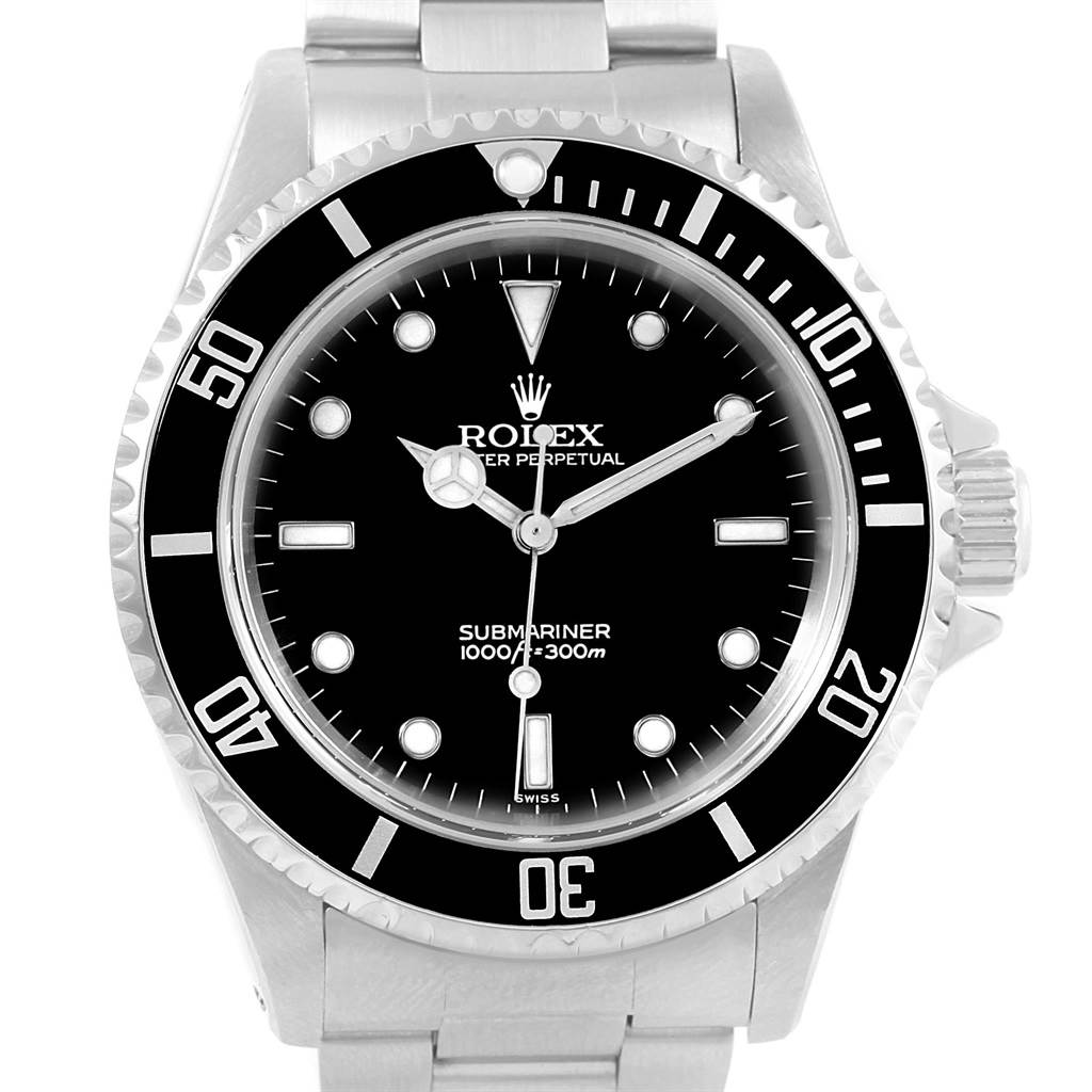 This image is a front view of a Rolex Submariner 14060 Men's Stainless Steel Black Dial 14060 Men's Stainless Steel Black Dial watch showing its black dial, bezel, and metal bracelet.