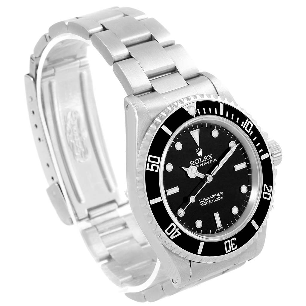 The image shows the Rolex Submariner 14060 Men's Stainless Steel Black Dial 14060 Men's Stainless Steel Black Dial model at an oblique angle, highlighting the face, bezel, and metal bracelet.