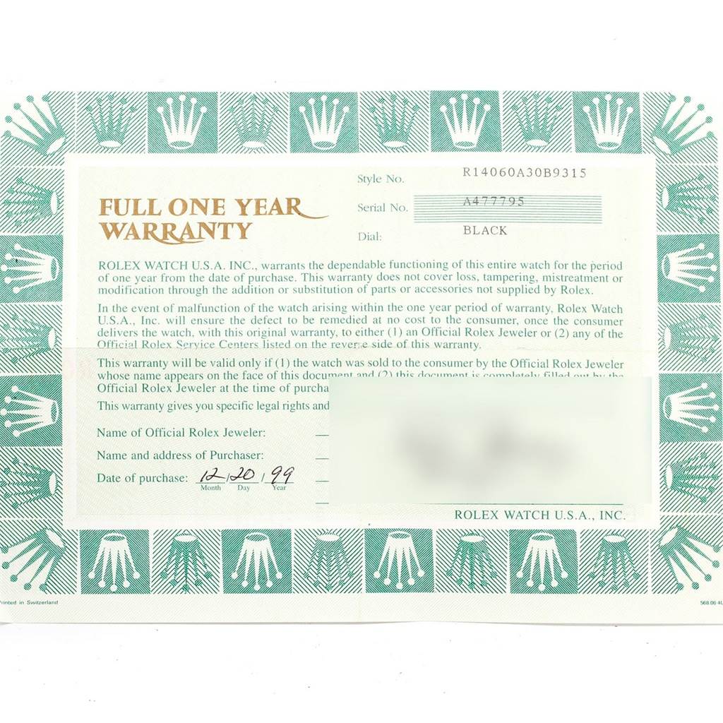 This is a full one-year warranty card for a Rolex Submariner 14060 Men's Stainless Steel Black Dial 14060 Men's Stainless Steel Black Dial model watch.