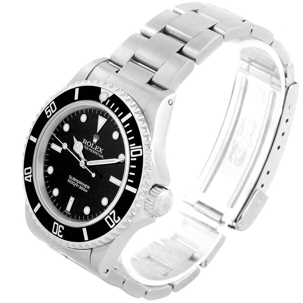 The image shows a Rolex Submariner 14060 Men's Stainless Steel Black Dial 14060 Men's Stainless Steel Black Dial watch from a side angle, including the face, bezel, crown, and bracelet.