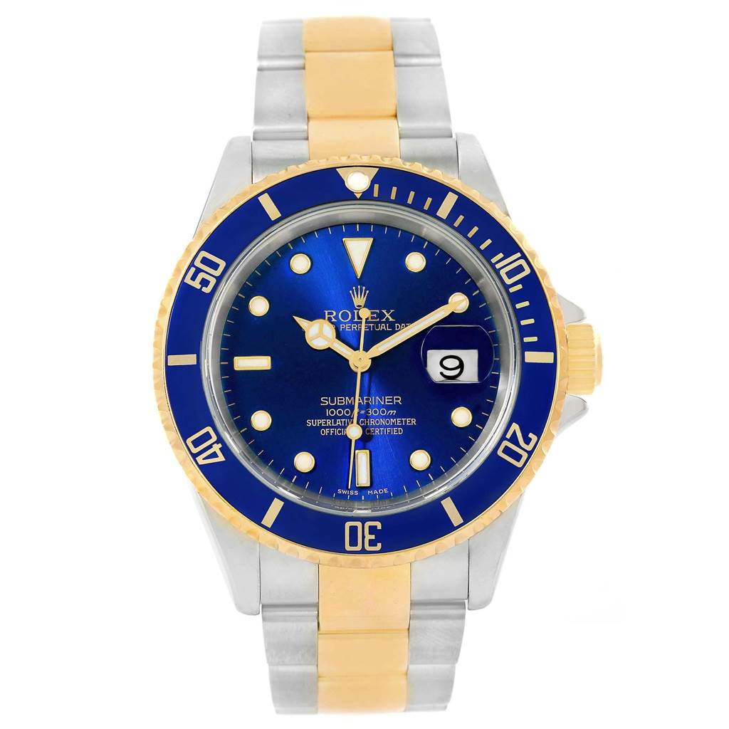 The Rolex Submariner 16613 Men's Steel and Gold (two tone) Blue Dial 16613 Men's Steel and Gold (two tone) Blue Dial model is shown from a front angle, showcasing its blue dial, gold accents, and steel bracelet.