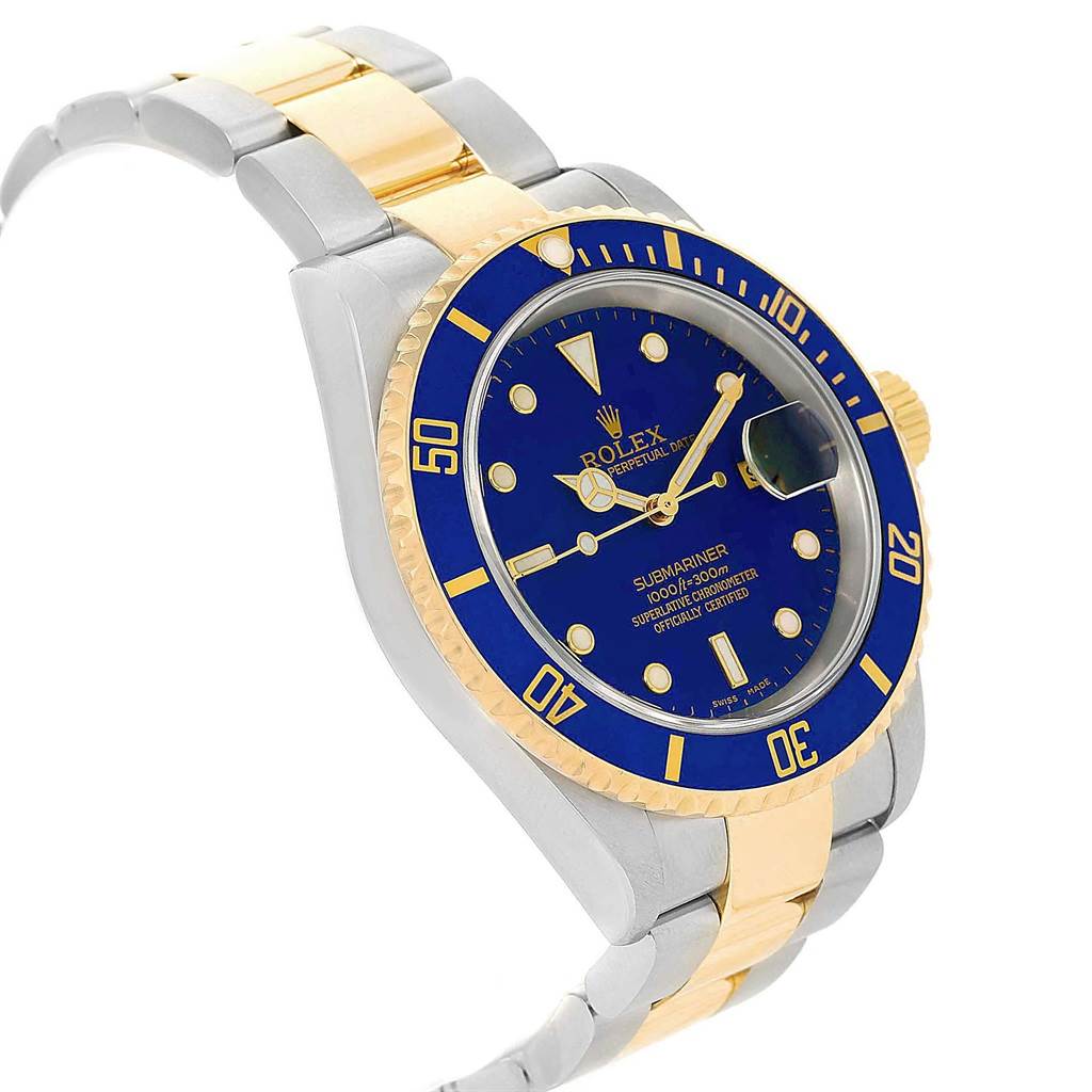 This image shows a Rolex Submariner 16613 Men's Steel and Gold (two tone) Blue Dial 16613 Men's Steel and Gold (two tone) Blue Dial watch with a blue dial, gold markers, and a two-tone bracelet, angled slightly to the right.