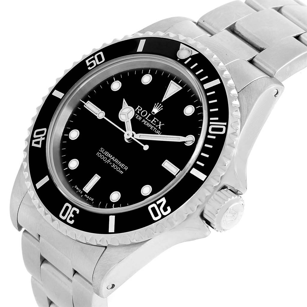 The image shows the Rolex Submariner 14060 Men's Stainless Steel Black Dial 14060 Men's Stainless Steel Black Dial watch at an angle that highlights its face, bezel, crown, and bracelet.