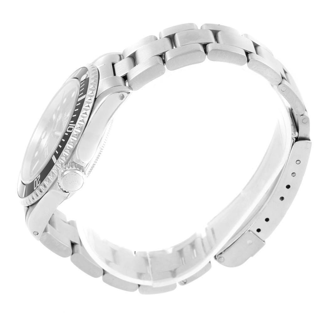 This image shows a side view of the Rolex Submariner 14060 Men's Stainless Steel Black Dial 14060 Men's Stainless Steel Black Dial, highlighting the metallic bracelet, bezel, and crown.