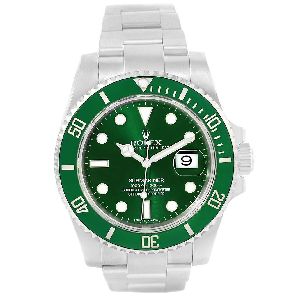 This image shows a front view of a Rolex Submariner 116610LV Men's Stainless Steel Green Dial 116610LV Men's Stainless Steel Green Dial watch, featuring a green dial and bezel with a date display.