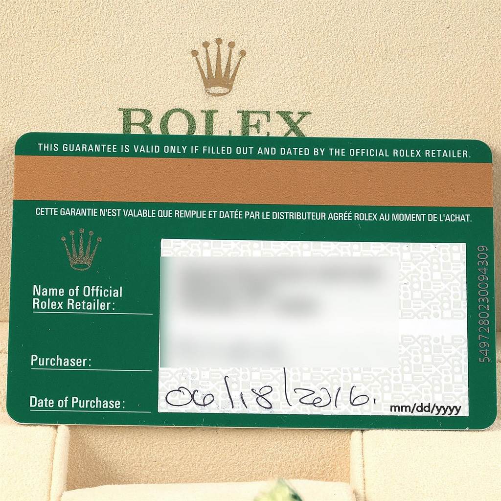 This image shows the warranty card for the Rolex Submariner 116610LV Men's Stainless Steel Green Dial 116610LV Men's Stainless Steel Green Dial from an official retailer.