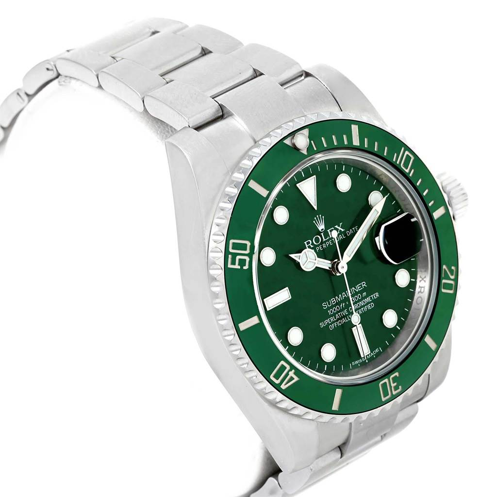This Rolex Submariner 116610LV Men's Stainless Steel Green Dial 116610LV Men's Stainless Steel Green Dial watch is shown at an angle displaying the green bezel, dial, and part of the bracelet.