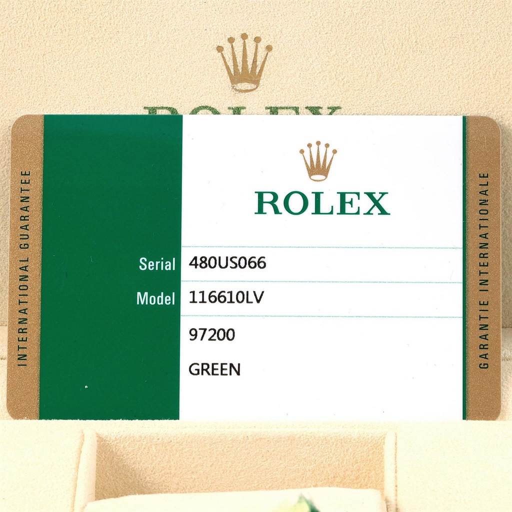 The image shows the international guarantee card for the Rolex Submariner 116610LV Men's Stainless Steel Green Dial 116610LV Men's Stainless Steel Green Dial model 116610LV.